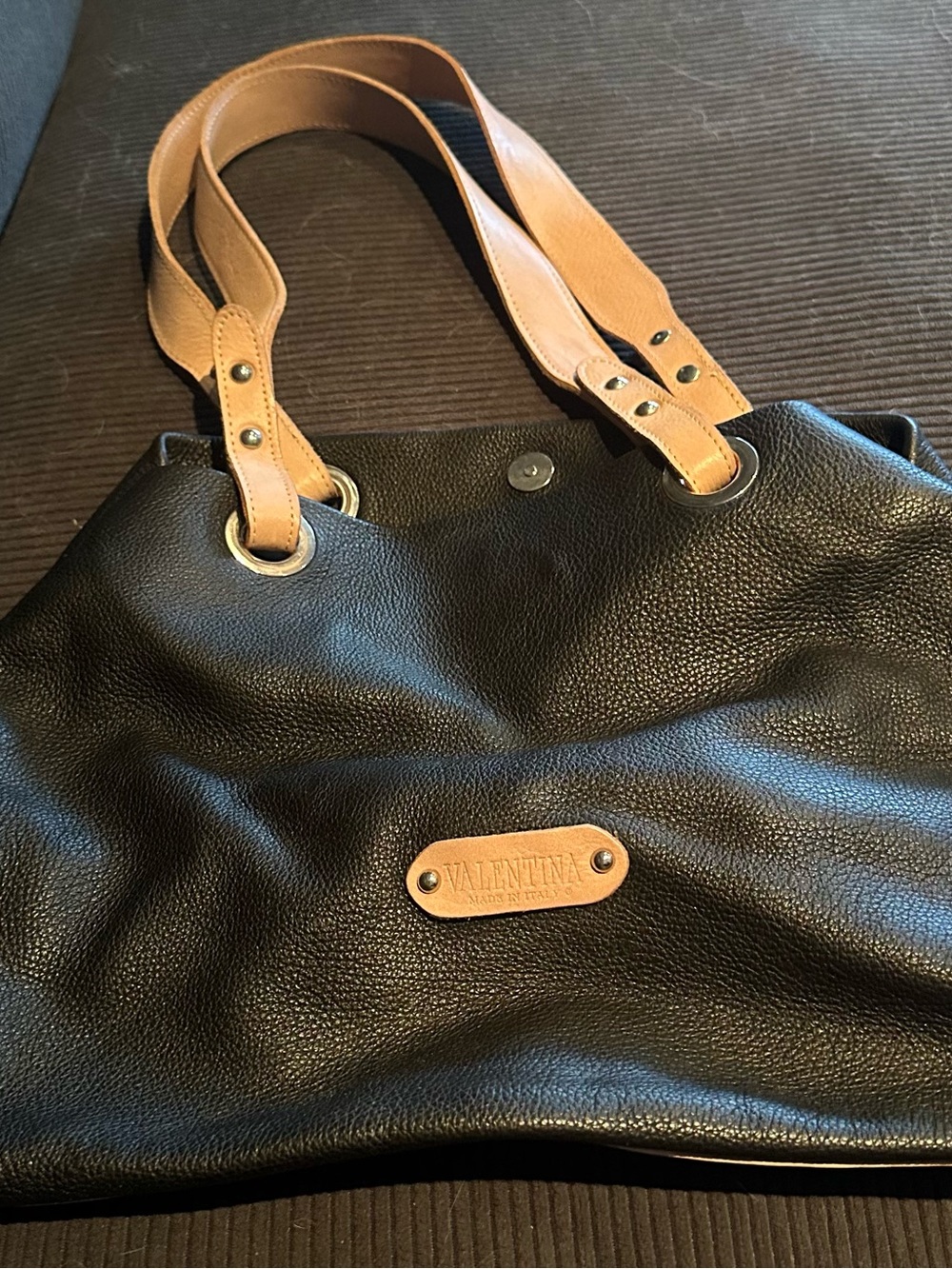 Valentina Black Shoulder Bag with Tan Handles and Logo Plaque